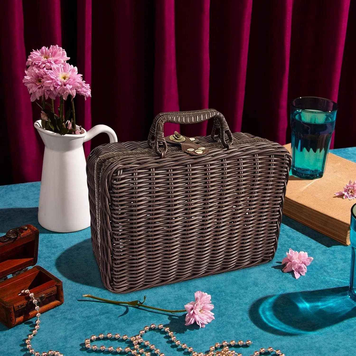 Vintage Rattan Handbag,Picnic Basket,Wicker Hamper for Home, Office, Laundry, DVD, brown, L