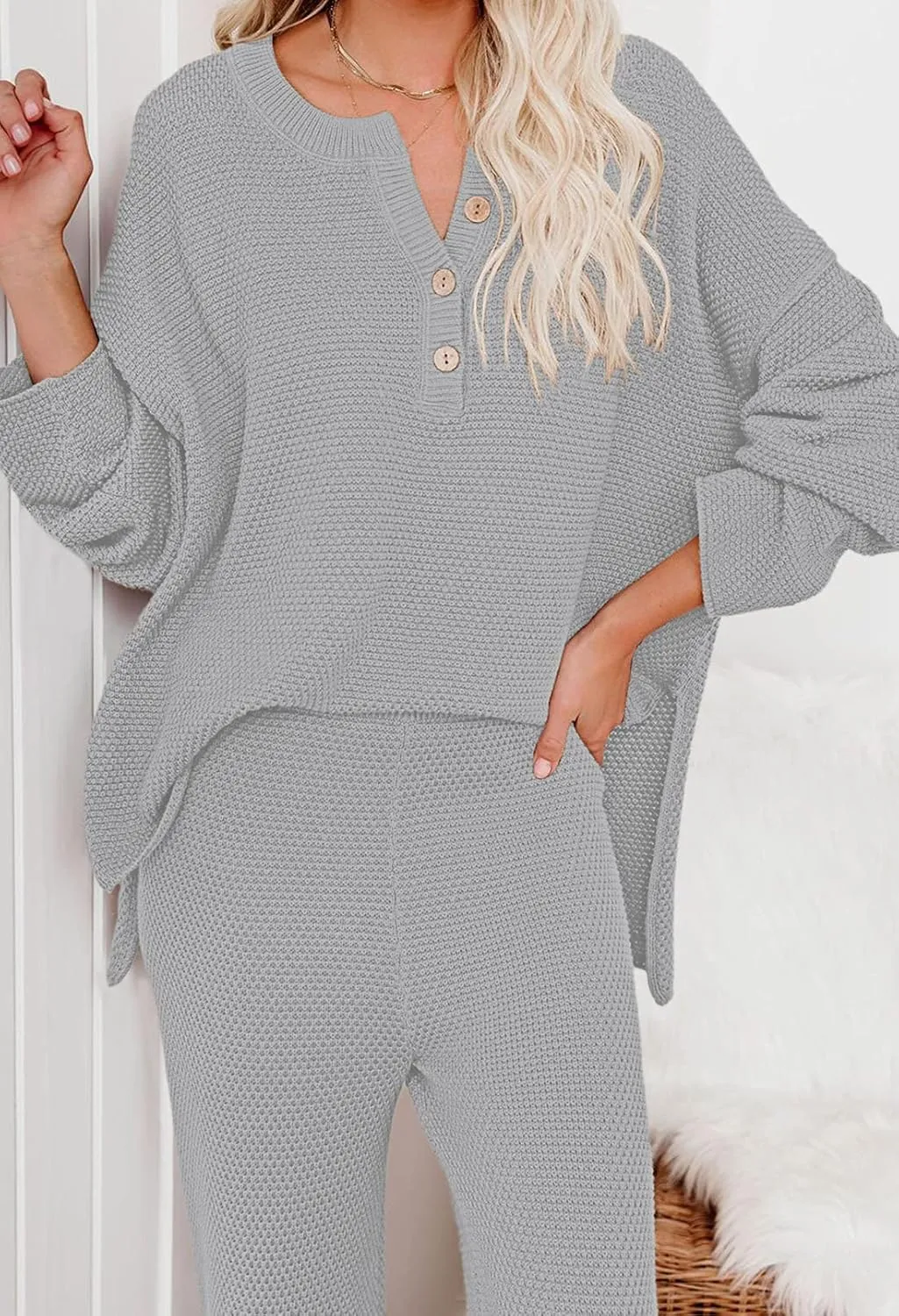 Viottiset Women's 2 Piece Outfits Sweatsuit Knit Long Sleeve Sweater Wide Leg Pants Loungewear