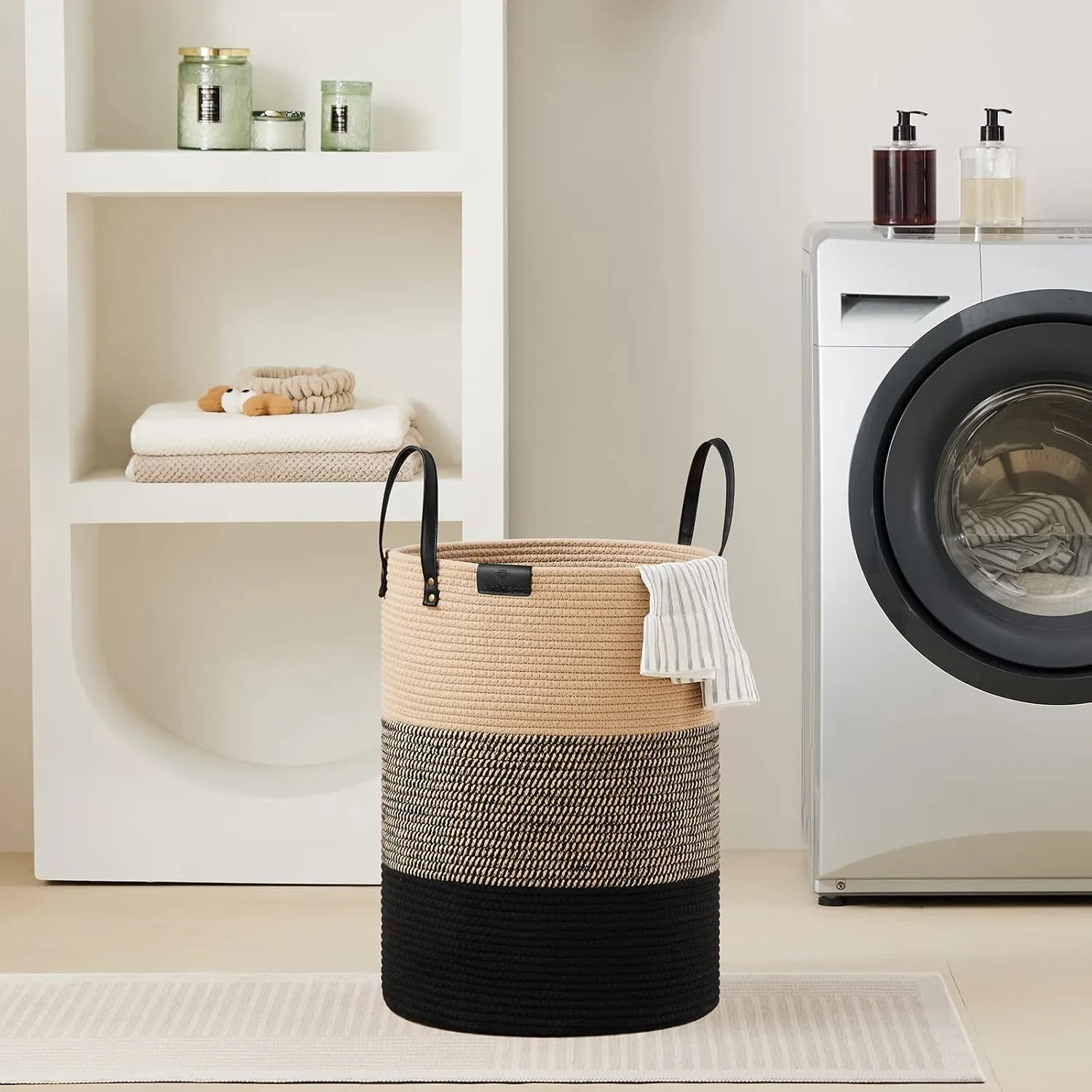 VIPOSCO Tall Laundry Basket, Large Dirty Clothes Hamper with Leather Handle, Woven Rope Storage Basket for Blanket, Toy In Living Room, Bathroom, Bedroom - 58L Brown & Black