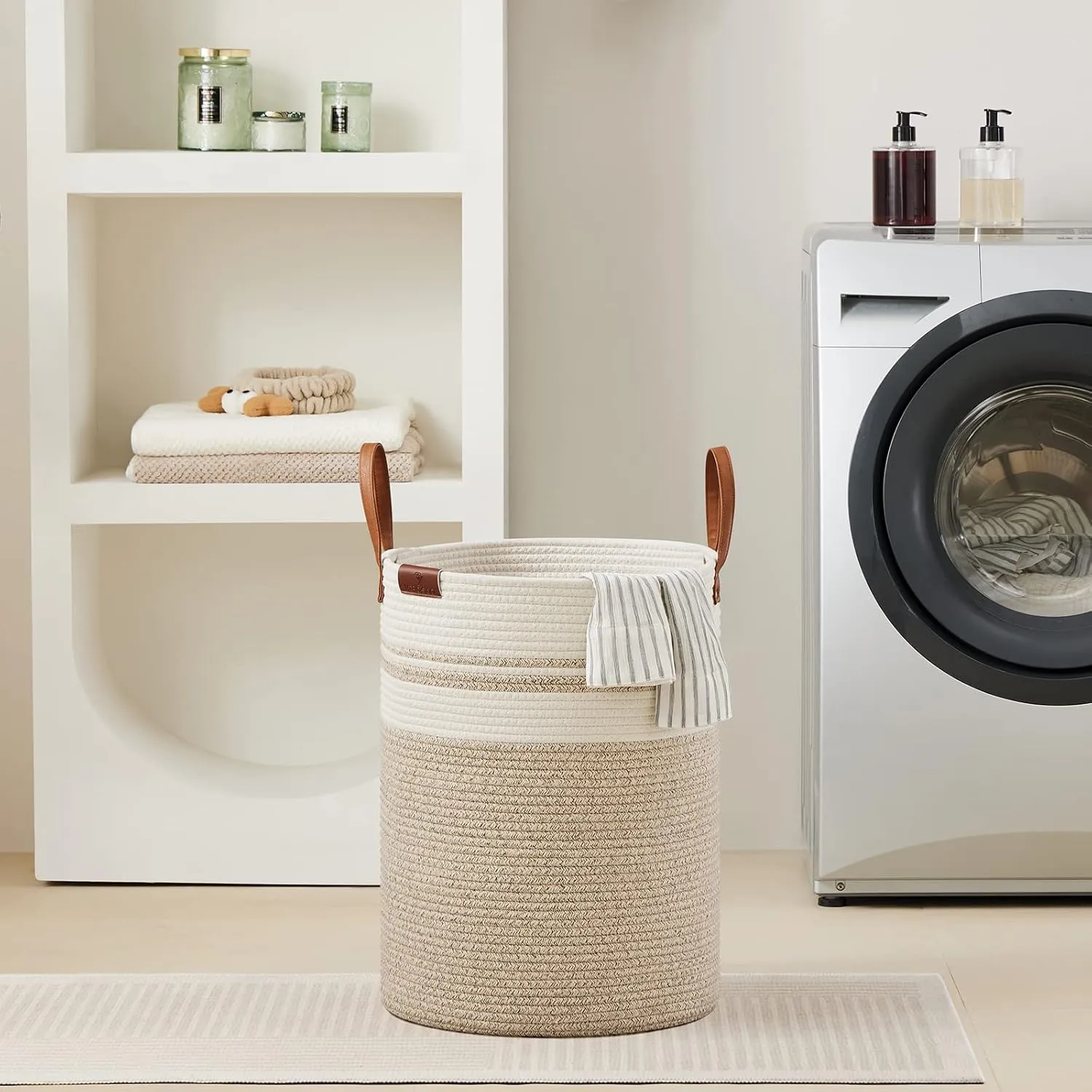 VIPOSCO Tall Laundry Basket, Large Dirty Clothes Hamper with Leather Handle, Woven Rope Storage Basket for Blanket, Toy In Living Room, Bathroom, Bedroom - 58L Brown & White