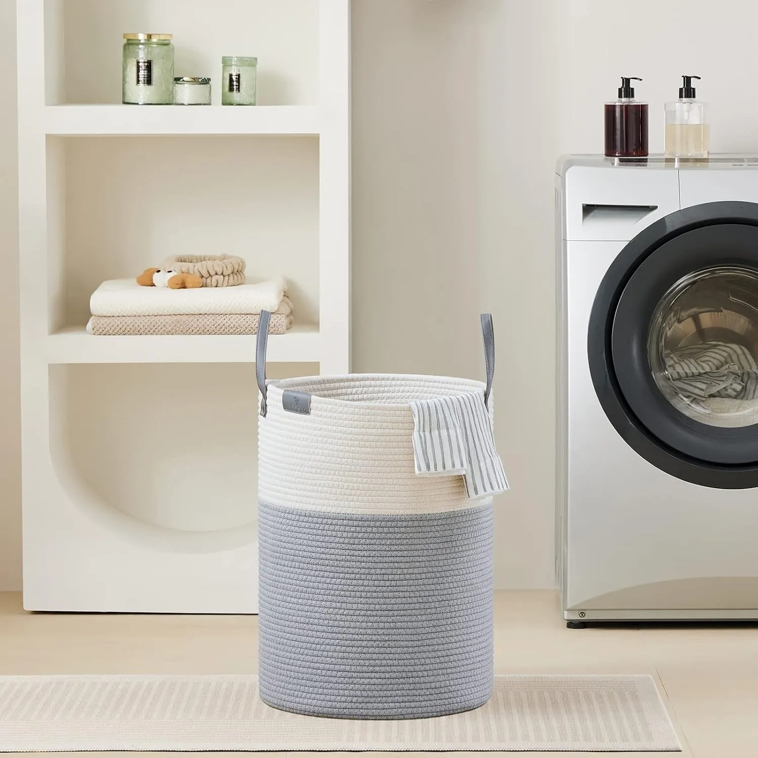 VIPOSCO Tall Laundry Basket, Large Dirty Clothes Hamper with Leather Handle, Woven Rope Storage Basket for Blanket, Toy In Living Room, Bathroom, Bedroom - 58L Grey & White