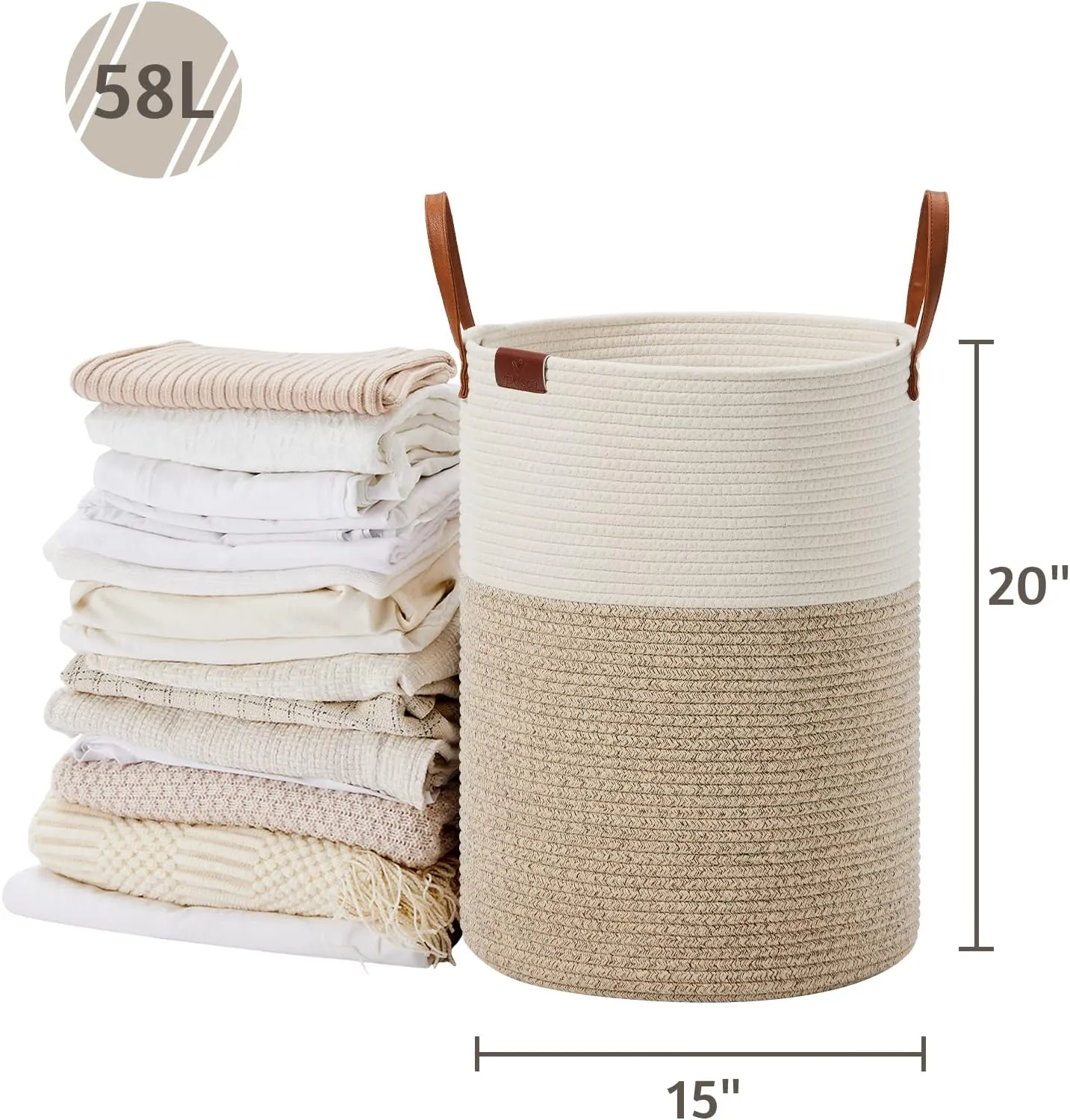 VIPOSCO Tall Laundry Basket, Large Dirty Clothes Hamper with Leather Handle, Woven Rope Storage Basket for Blanket, Toy In Living Room, Bathroom, Bedroom - 58L White & Brown