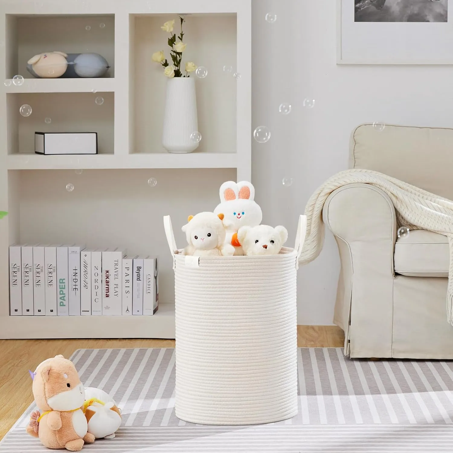 VIPOSCO Tall Laundry Basket, Large Dirty Clothes Hamper with Leather Handle, Woven Rope Storage Basket for Blanket, Toy In Living Room, Bathroom, Bedroom - 58L White