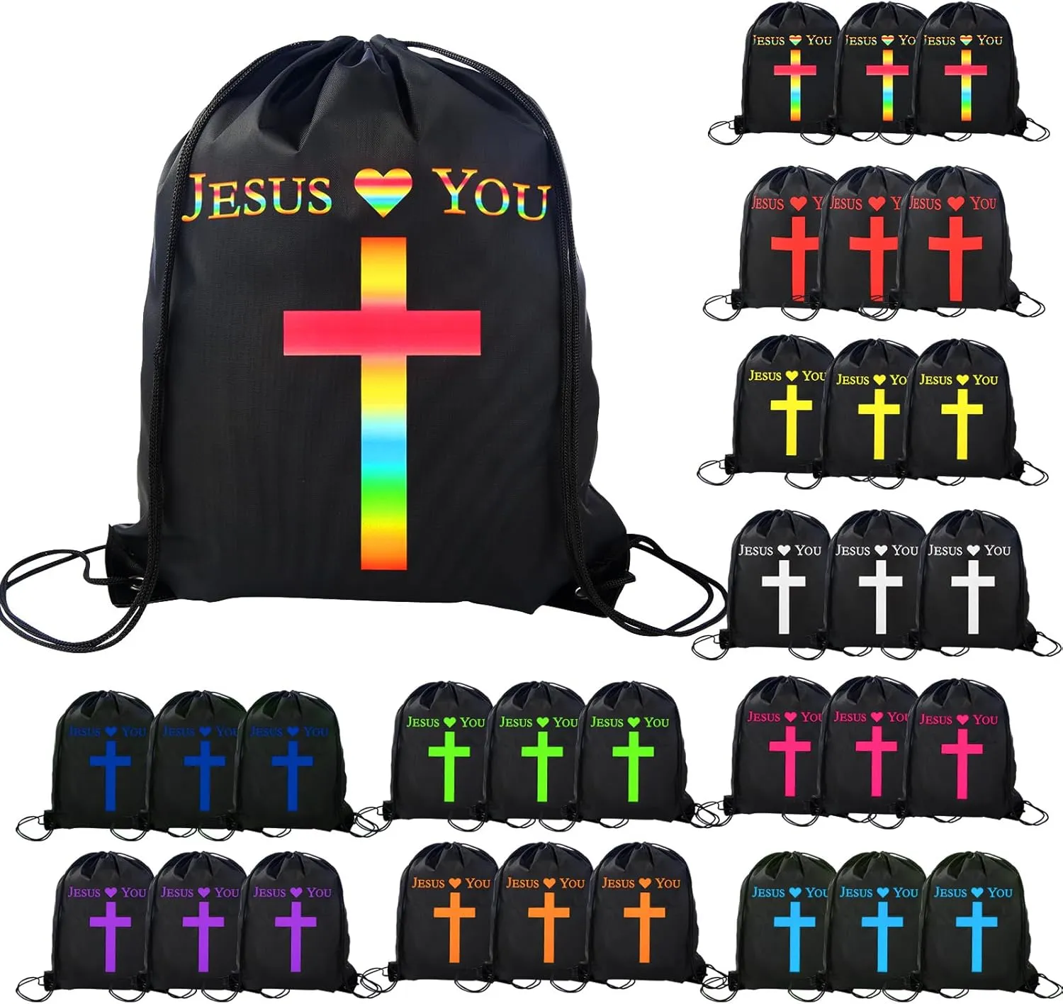 VZZNN 30 Pcs Jesus Loves You Drawstring Backpack Bulk Christian Gift Bags Church Supplies String Backpack Cinch Bag Jesus Stuff(Black)