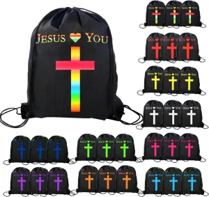 VZZNN 30 Pcs Jesus Loves You Drawstring Backpack Bulk Christian Gift Bags Church Supplies String Backpack Cinch Bag Jesus Stuff(Black)