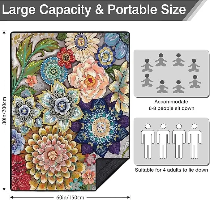Waterproof Picnic Blankets Foldable & Portable 60''x80'' Boho Picnic Mat for Outdoors, Large Washable Picnic Blanket for Travel Camping Beach, Park Grass Picnic Blanket Accessories for Adults