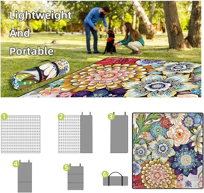 Waterproof Picnic Blankets Foldable & Portable 80''x80'' Boho Picnic Mat for Outdoors, Large Washable Picnic Blanket for Travel Camping Beach, Park Grass Picnic Blanket Accessories for Adults
