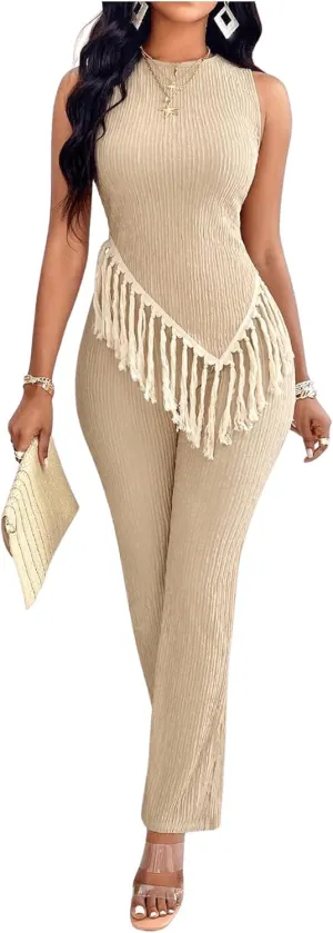 WDIRARA Women's Sleeveless 2 Piece Outfits Asymmetrical Textured Clothing Sets Fringe Tank Top and Pants Set