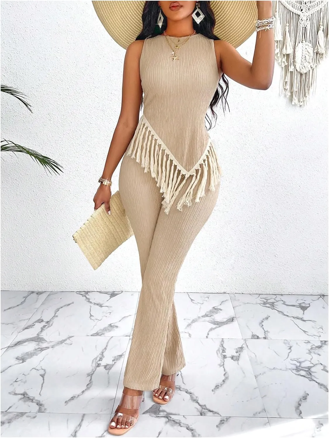 WDIRARA Women's Sleeveless 2 Piece Outfits Asymmetrical Textured Clothing Sets Fringe Tank Top and Pants Set
