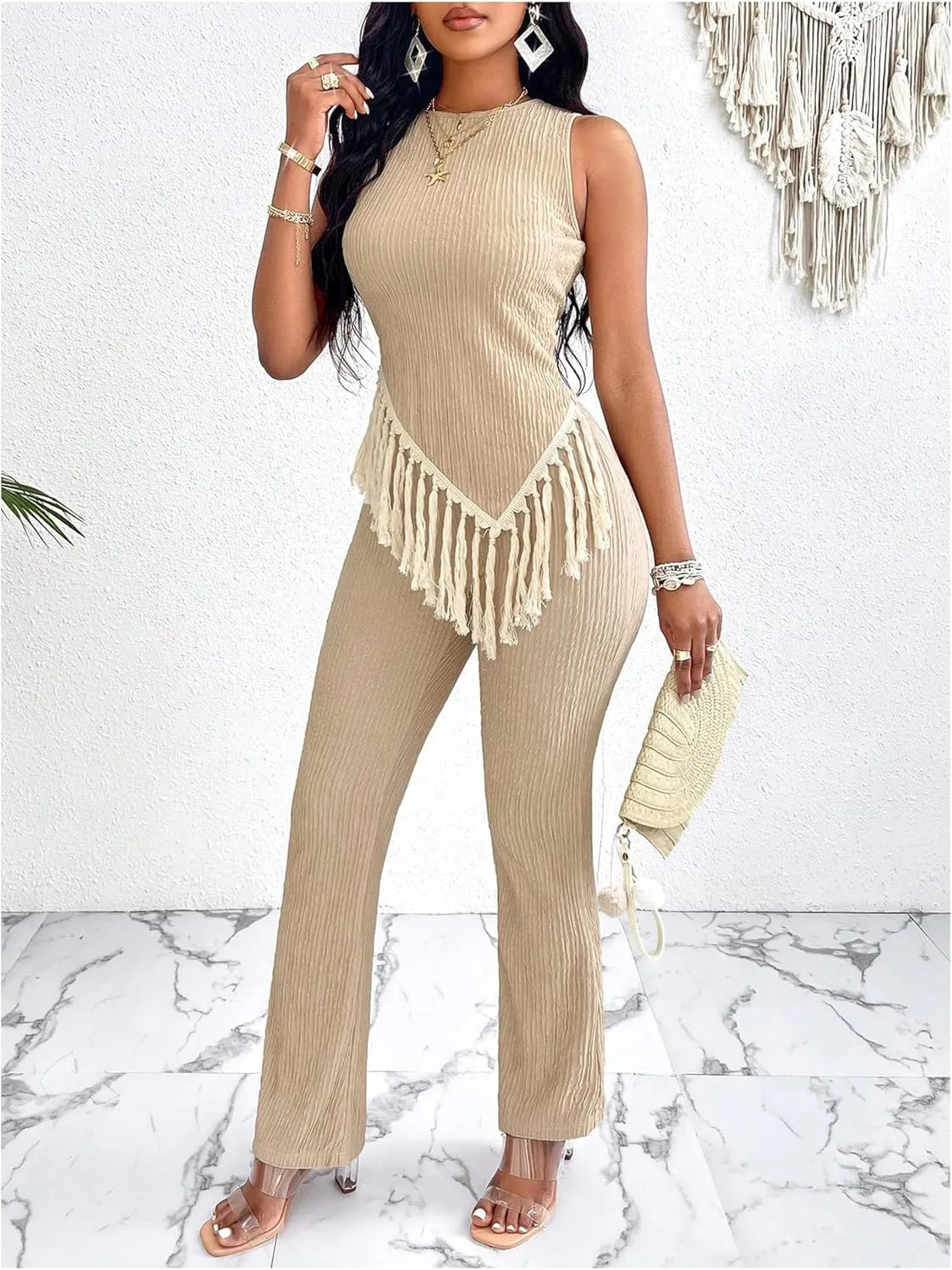 WDIRARA Women's Sleeveless 2 Piece Outfits Asymmetrical Textured Clothing Sets Fringe Tank Top and Pants Set