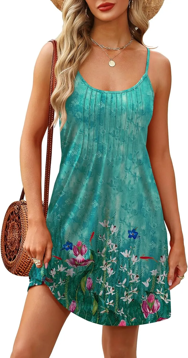 WEESO Summer Dresses for Women Adjustable Spaghetti Strap Beach Vacation Casual Cute Sundresses with Pockets