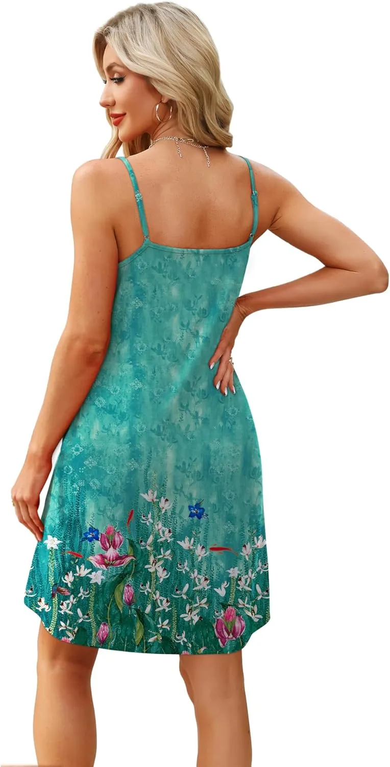 WEESO Summer Dresses for Women Adjustable Spaghetti Strap Beach Vacation Casual Cute Sundresses with Pockets