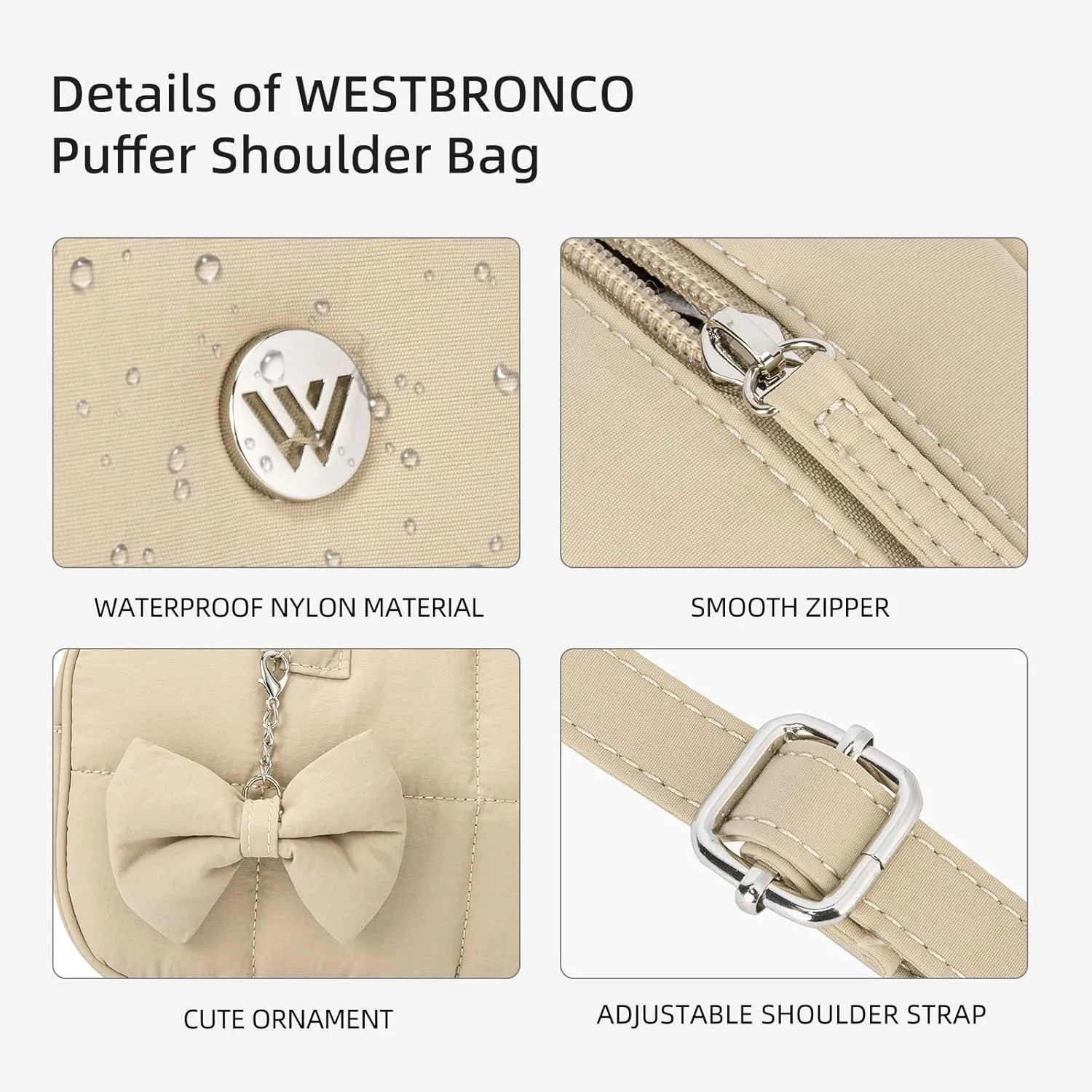 WESTBRONCO Puffer Crossbody bags for Women Quilted Shoulder Handbags, Puffy Cosmetic Makeup Bag Organizer w/Cute Ornament