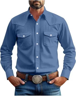 Western Cowboy Shirts for Men Pearl Snap Button Down Cotton Work T-Shirt Men's Casual Shirt Jacket with Two Pockets