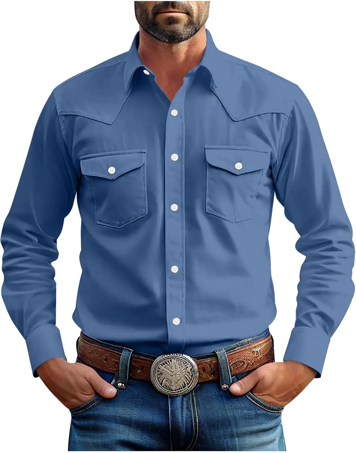 Western Cowboy Shirts for Men Pearl Snap Button Down Cotton Work T-Shirt Men's Casual Shirt Jacket with Two Pockets