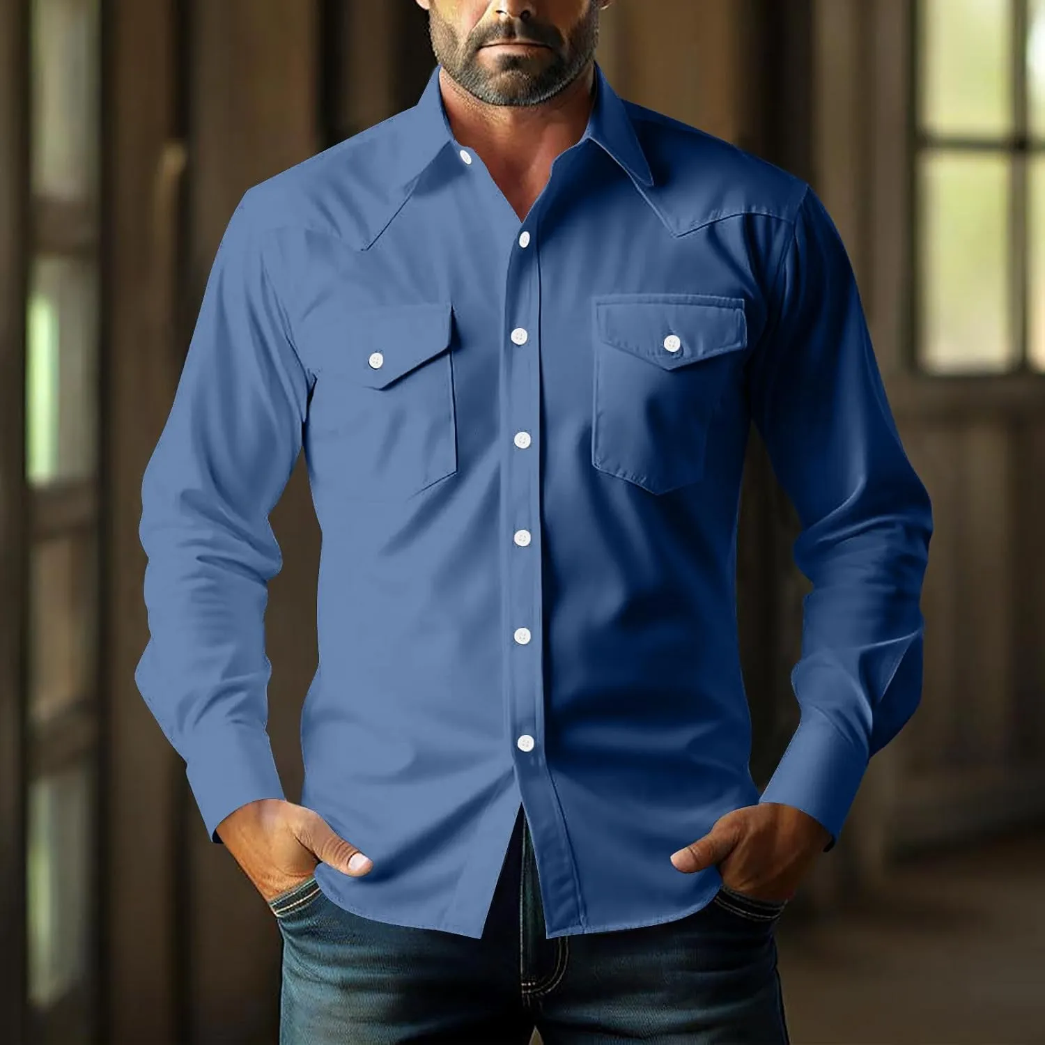 Western Cowboy Shirts for Men Pearl Snap Button Down Cotton Work T-Shirt Men's Casual Shirt Jacket with Two Pockets