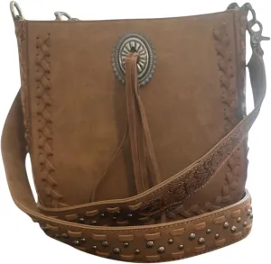 Western Crossbody Handbag Brown and Black Faux Leather Studded Base with Concho Accent and Braided Details