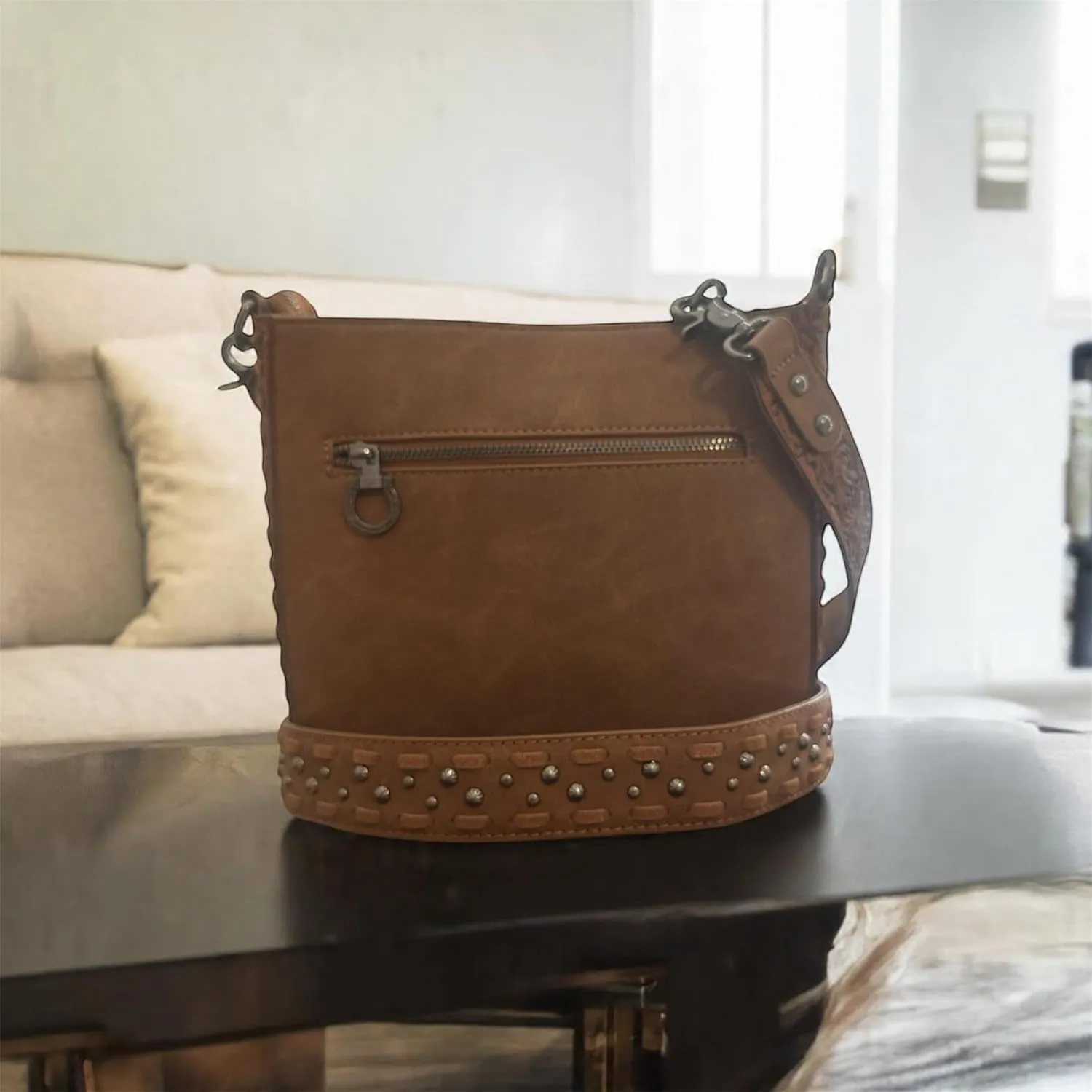 Western Crossbody Handbag Brown and Black Faux Leather Studded Base with Concho Accent and Braided Details