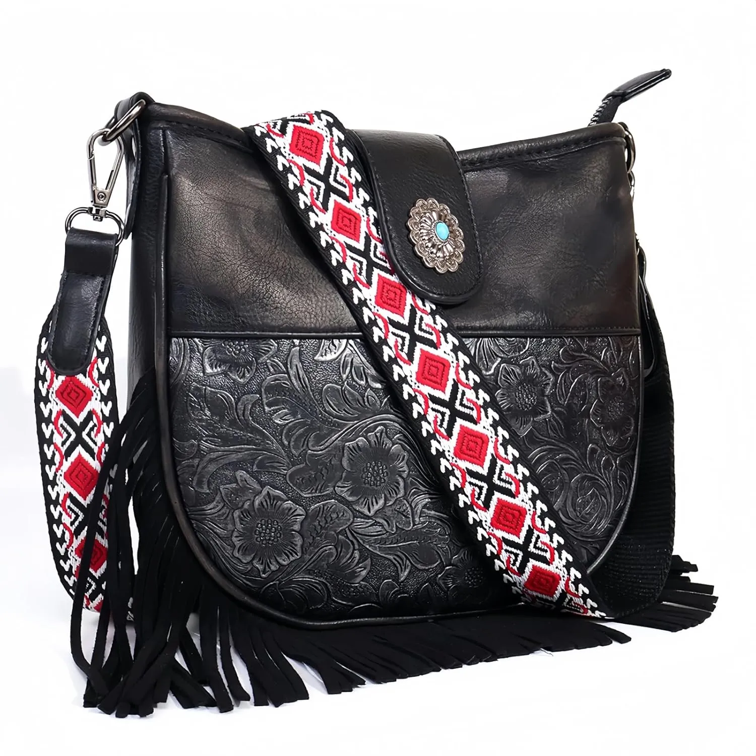 Western Crossbody Handbag for Women, PU Leather Vintage Hobo Fringe Tassel Shoulder Bag