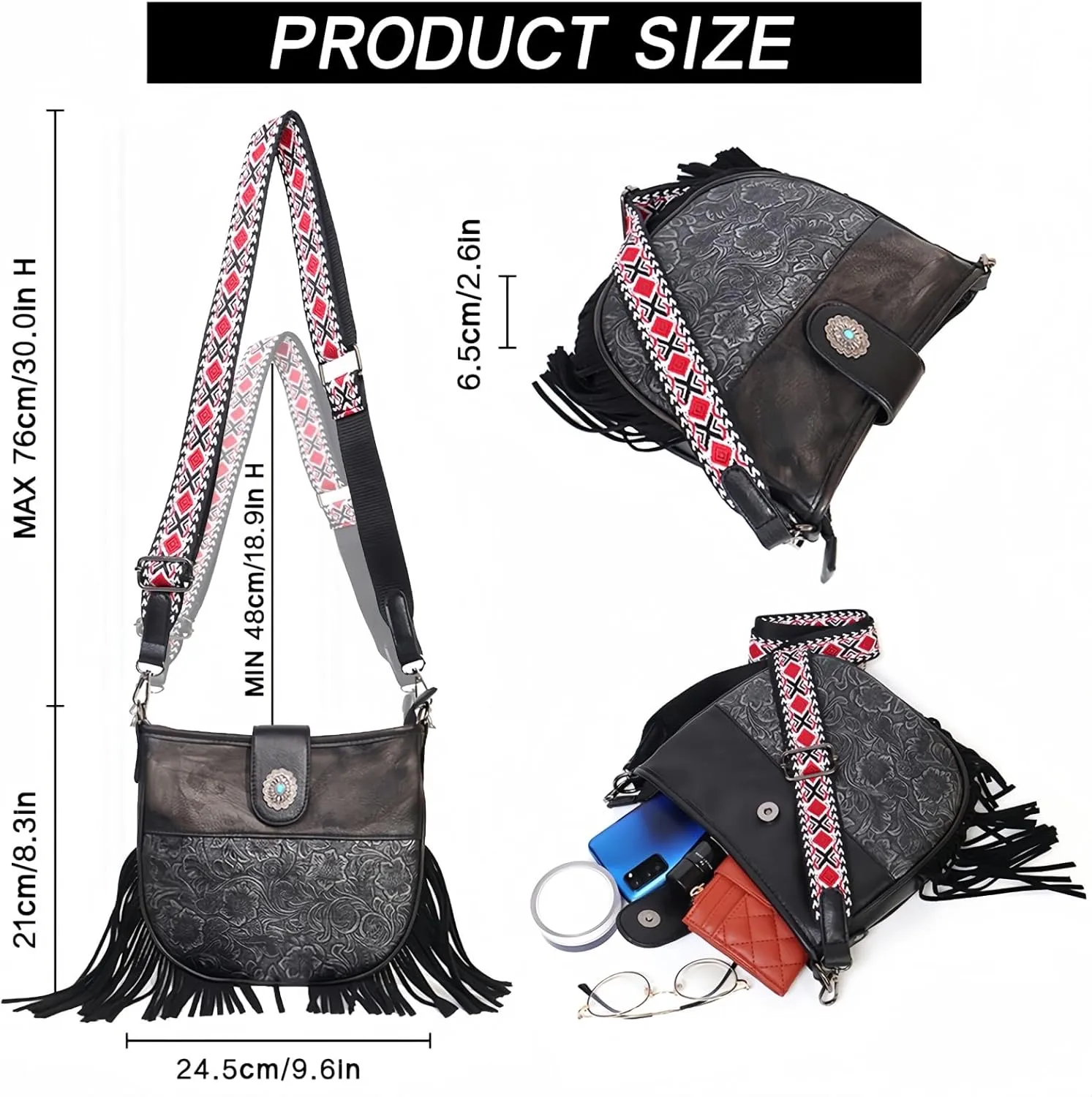 Western Crossbody Handbag for Women, PU Leather Vintage Hobo Fringe Tassel Shoulder Bag