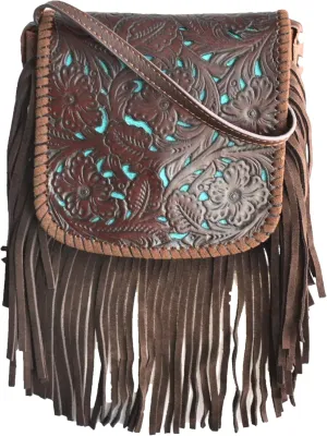 western floral tooled 100% leather fringe cross body purse (brown) Small