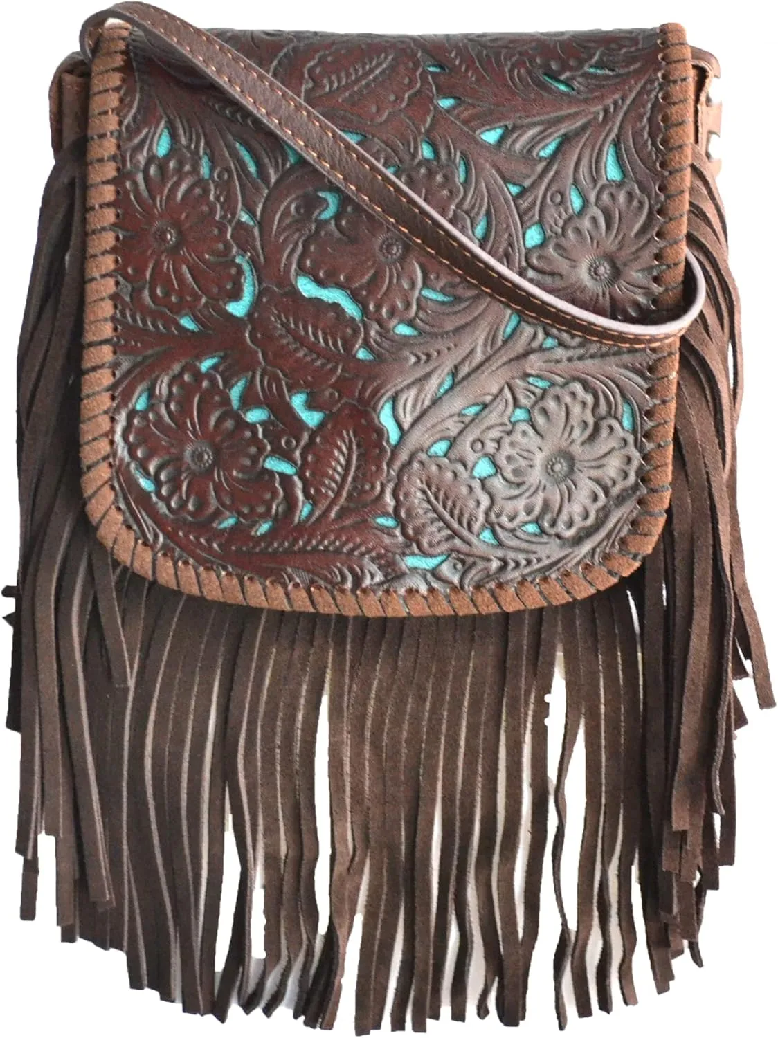 western floral tooled 100% leather fringe cross body purse (brown) Small
