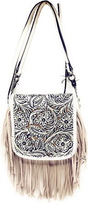 Western Genuine Leather Floral Tooled Fringe Womens Crossbody Bag 3 Color
