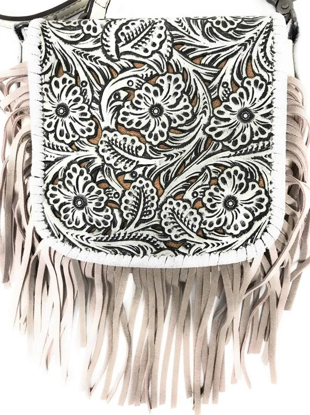 Western Genuine Leather Floral Tooled Fringe Womens Crossbody Bag 3 Color