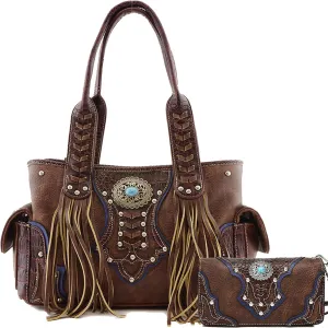Western Style Concealed Carry Country Fringe Purse Handbag Shoulder Bag Wallet Set Brown