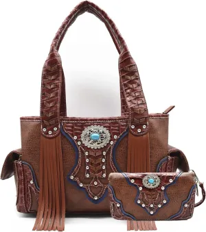 Western Style Cowgirl Woven Fringe Crocodile Gorgeous Purse Conchos Tote Country Women Handbag Shoulder Bags Wallet Set