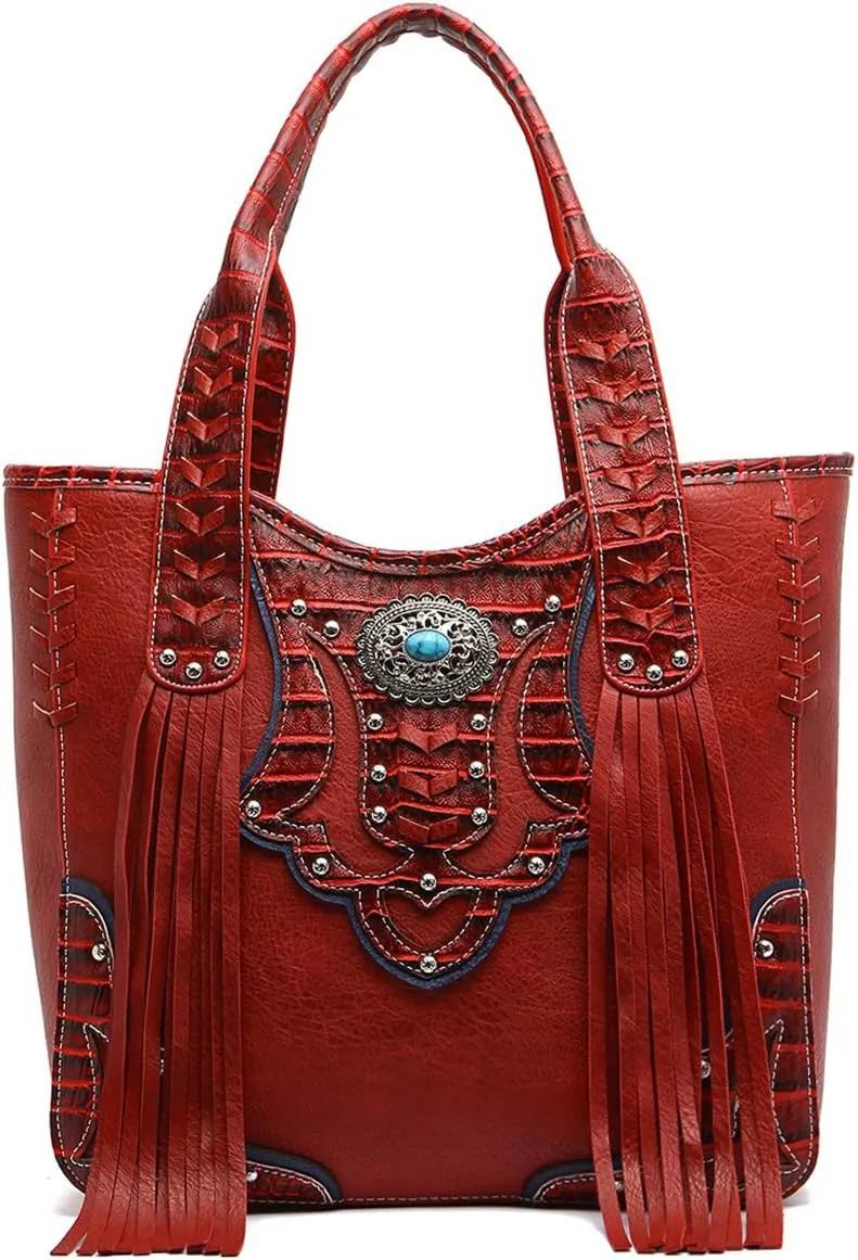 Western Style Cowgirl Woven Fringe Crocodile Gorgeous Purse Conchos Tote Country Women Handbag Shoulder Bags Wallet Set