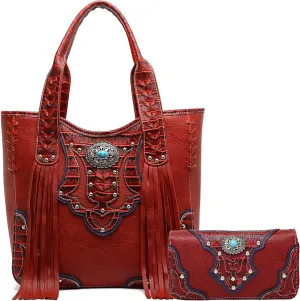 Western Style Cowgirl Woven Fringe Crocodile Gorgeous Purse Conchos Tote Country Women Handbag Shoulder Bags Wallet Set
