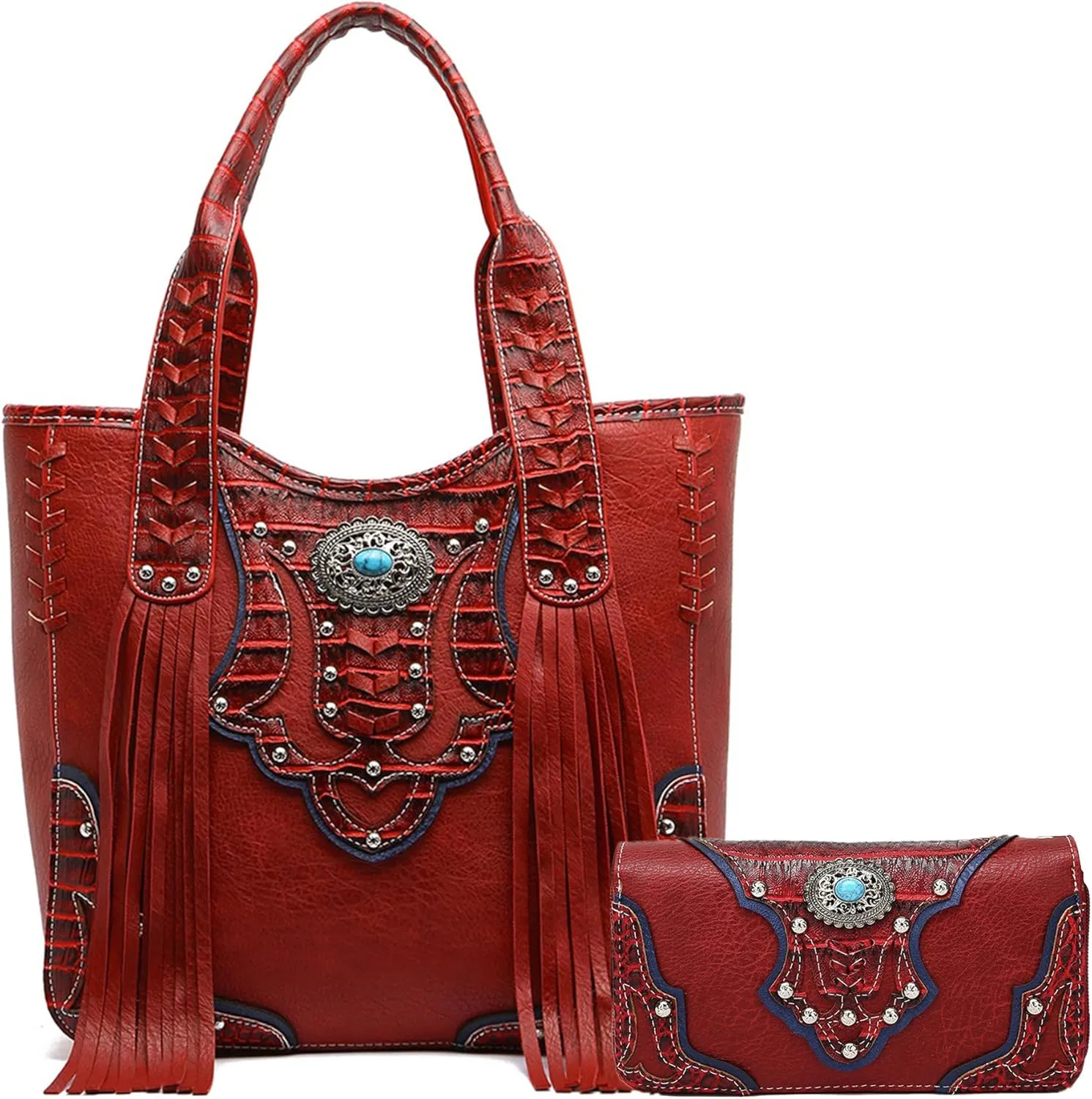 Western Style Cowgirl Woven Fringe Crocodile Gorgeous Purse Conchos Tote Country Women Handbag Shoulder Bags Wallet Set