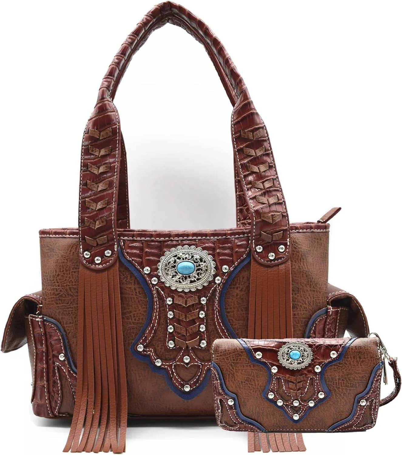 Western Style Cowgirl Woven Fringe Crocodile Gorgeous Purse Conchos Tote Country Women Handbag Shoulder Bags Wallet Set