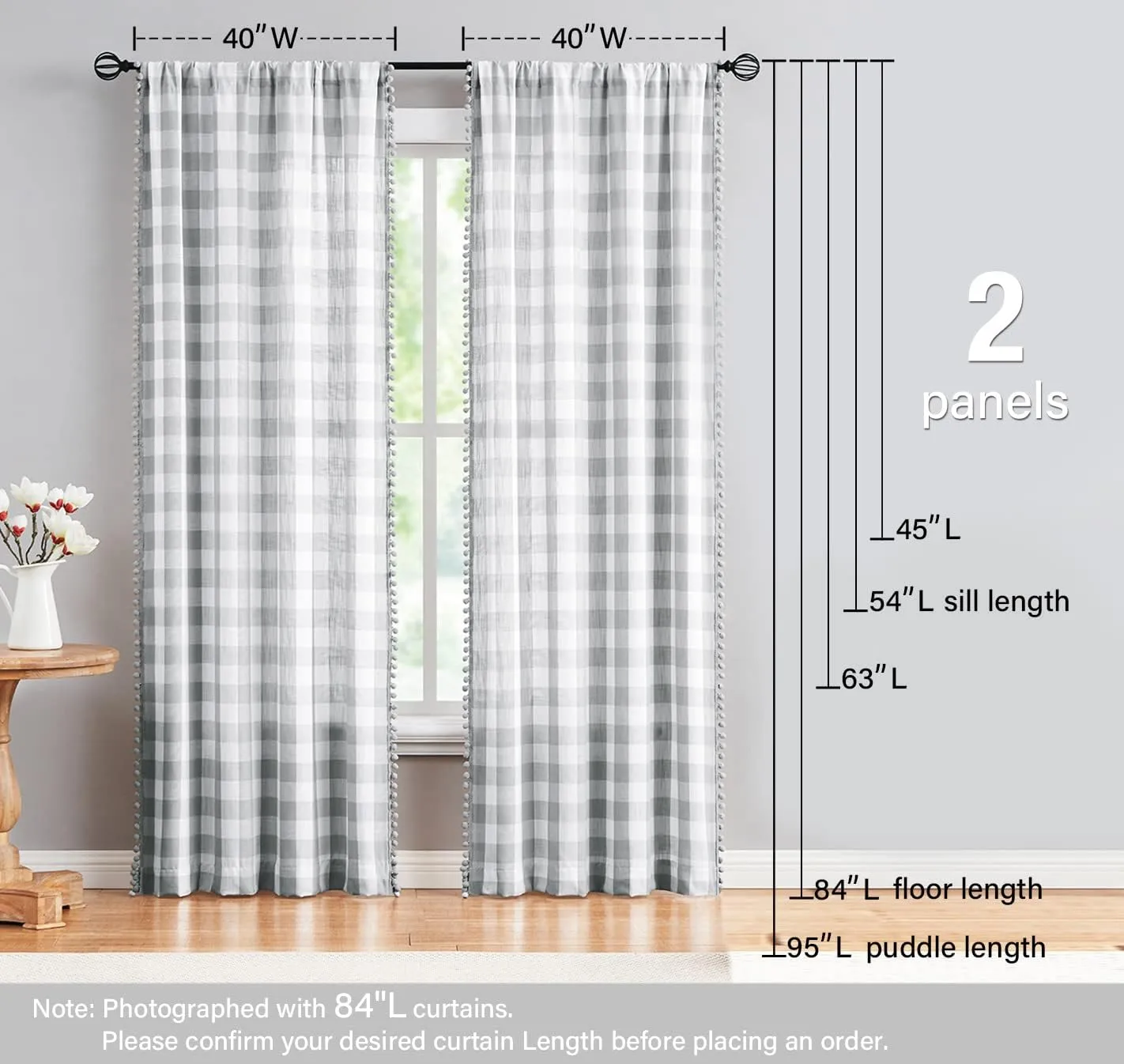 White Grey Buffalo Check Curtains 84inch Long Farmhouse Gingham Linen Semi Sheer Rustic Drapes Window Treatment Sets for Living Room Bedroom 2 Panels Rod Pocket