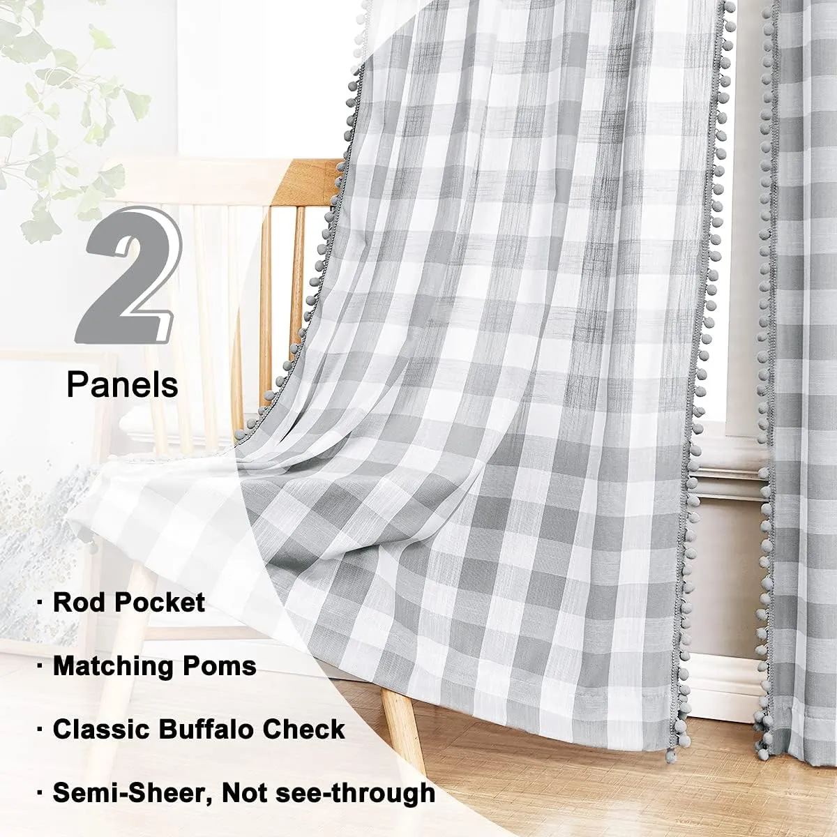 White Grey Buffalo Check Curtains 84inch Long Farmhouse Gingham Linen Semi Sheer Rustic Drapes Window Treatment Sets for Living Room Bedroom 2 Panels Rod Pocket