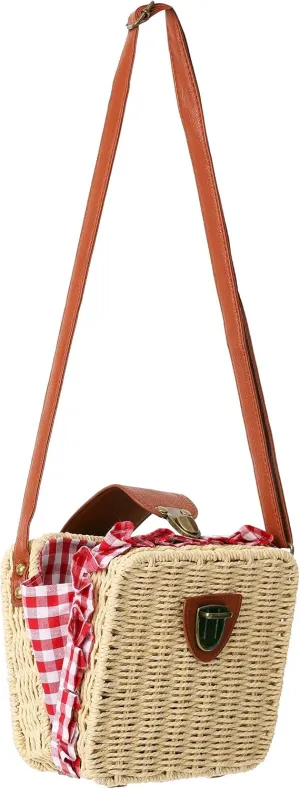 Wicker Basket Crossbody Rattan Bag Clutch | Women's Woven Straw Handbag | Gingham Picnic Basket Costume Accessory