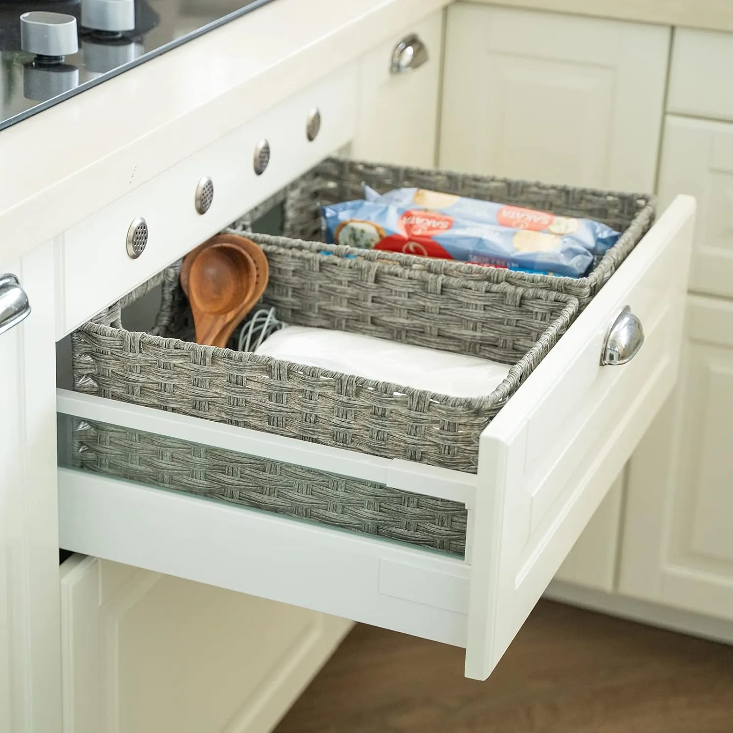 Wicker Baskets 2 Pack - Large Storage Basket With Handles, Waterproof, for Organizing - 15" and 14" Medium, Grey