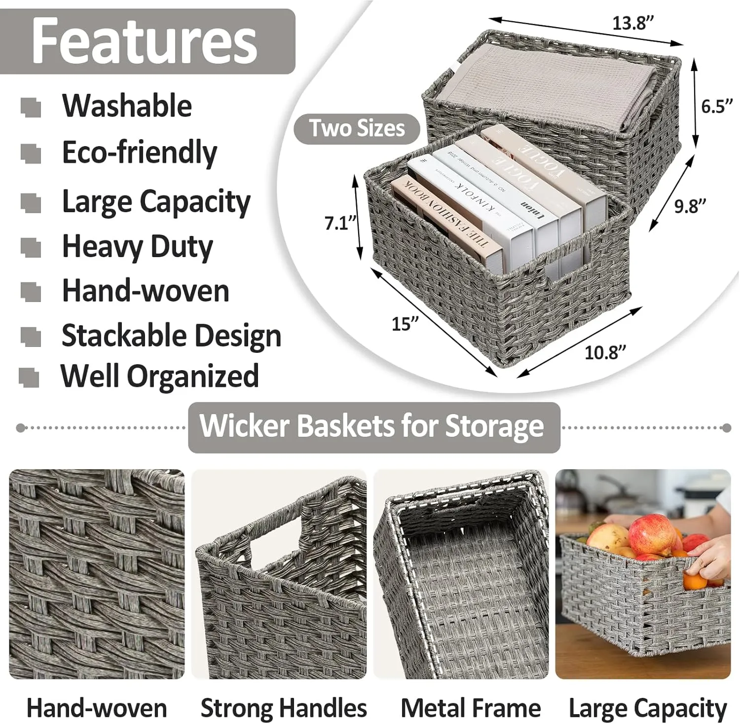 Wicker Baskets 2 Pack - Large Storage Basket With Handles, Waterproof, for Organizing - 15" and 14" Medium, Grey