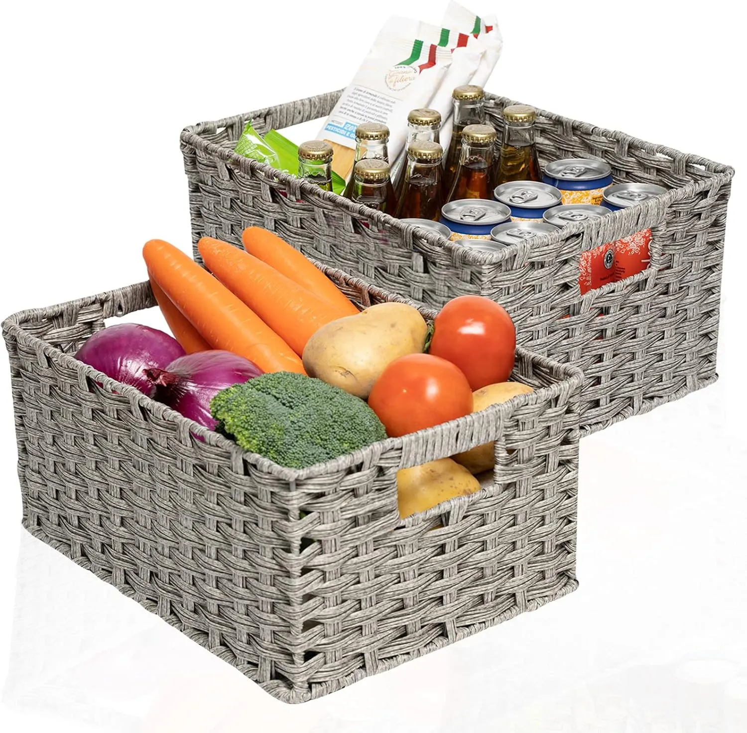 Wicker Baskets 2 Pack - Large Storage Basket With Handles, Waterproof, for Organizing - 15" and 14" Medium, Grey