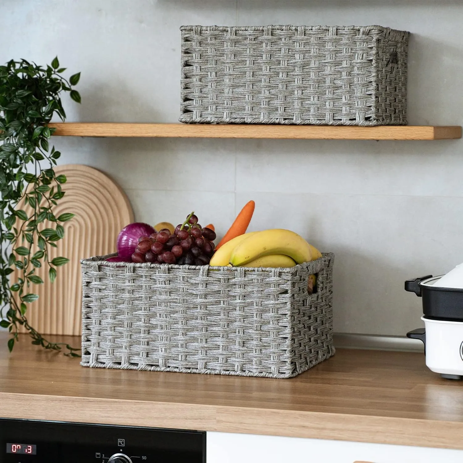 Wicker Baskets 2 Pack - Large Storage Basket With Handles, Waterproof, for Organizing - 15" and 14" Medium, Grey
