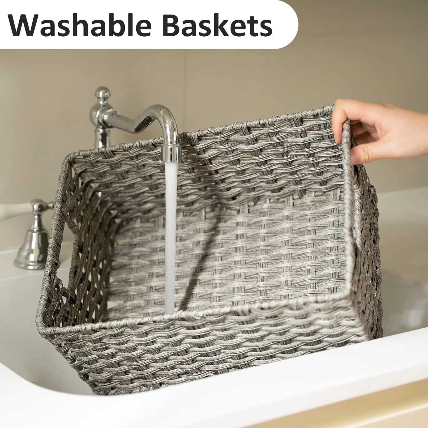 Wicker Baskets 2 Pack - Large Storage Basket With Handles, Waterproof, for Organizing - 15" and 14" Medium, Grey