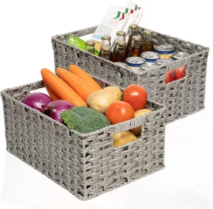 Wicker Baskets 2 Pack - Large Storage Basket With Handles, Waterproof, for Organizing - 15" and 14" Medium, Grey