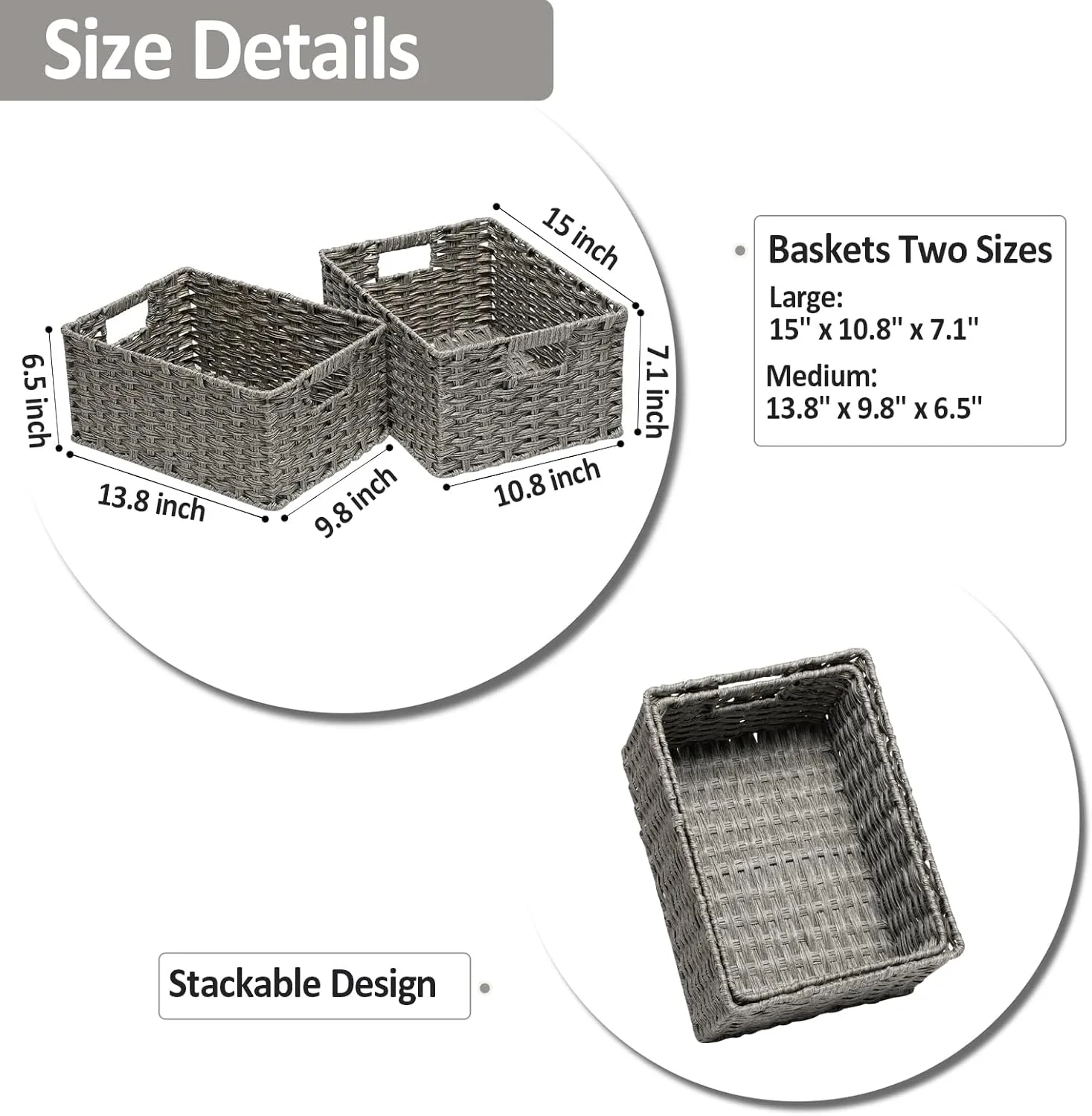 Wicker Baskets 2 Pack - Large Storage Basket With Handles, Waterproof, for Organizing - 15" and 14" Medium, Grey