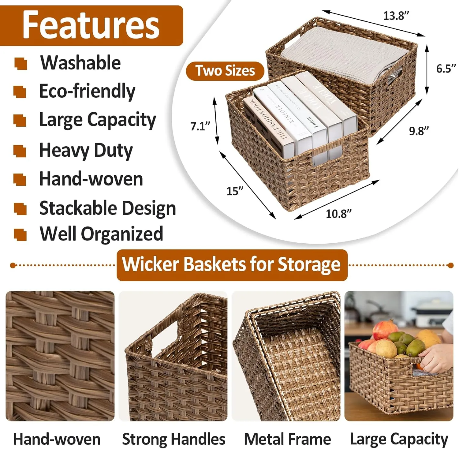 Wicker Baskets 2 Pack, Wicker Storage Basket with Handles, Large Wicker Baskets for Storage, Waterproof Wicker Baskets for Organizing, Large Storage Baskets Wicker 15" and Medium 14", Brown