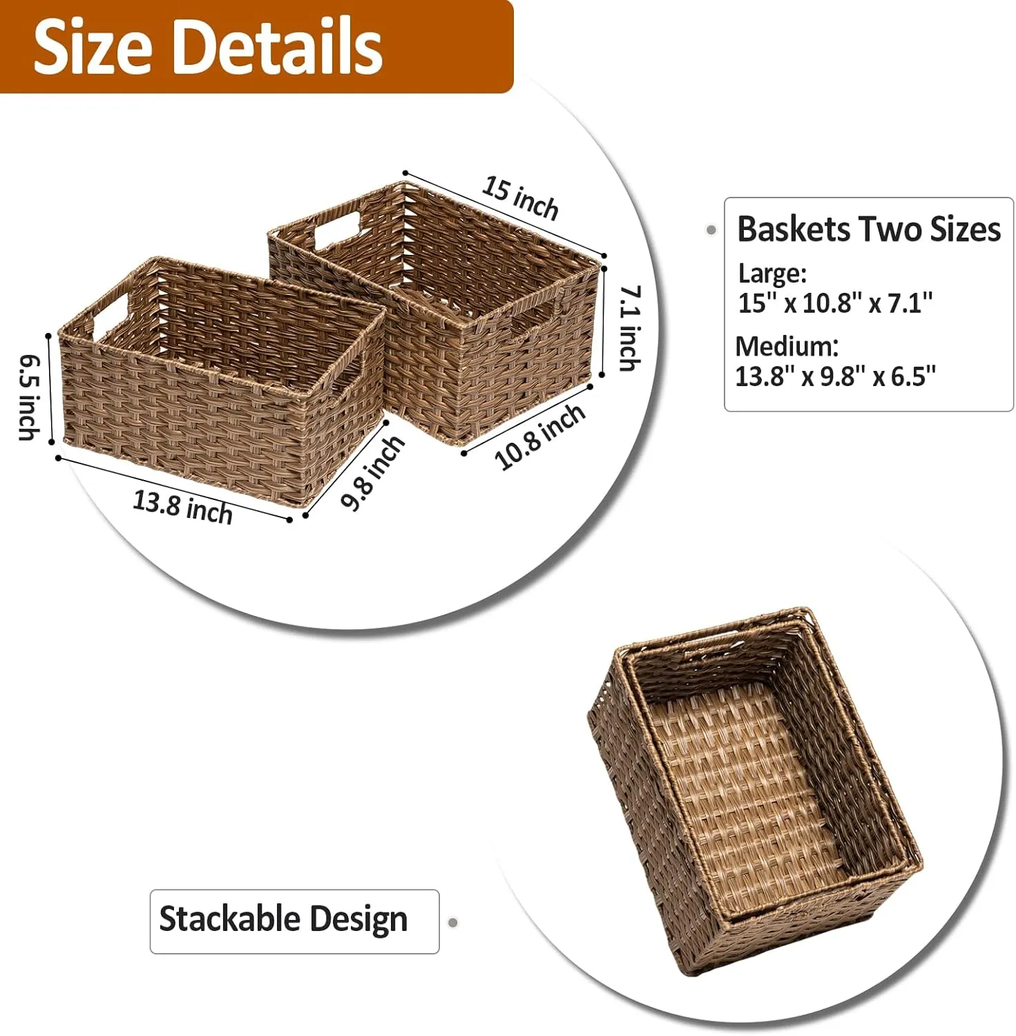 Wicker Baskets 2 Pack, Wicker Storage Basket with Handles, Large Wicker Baskets for Storage, Waterproof Wicker Baskets for Organizing, Large Storage Baskets Wicker 15" and Medium 14", Brown