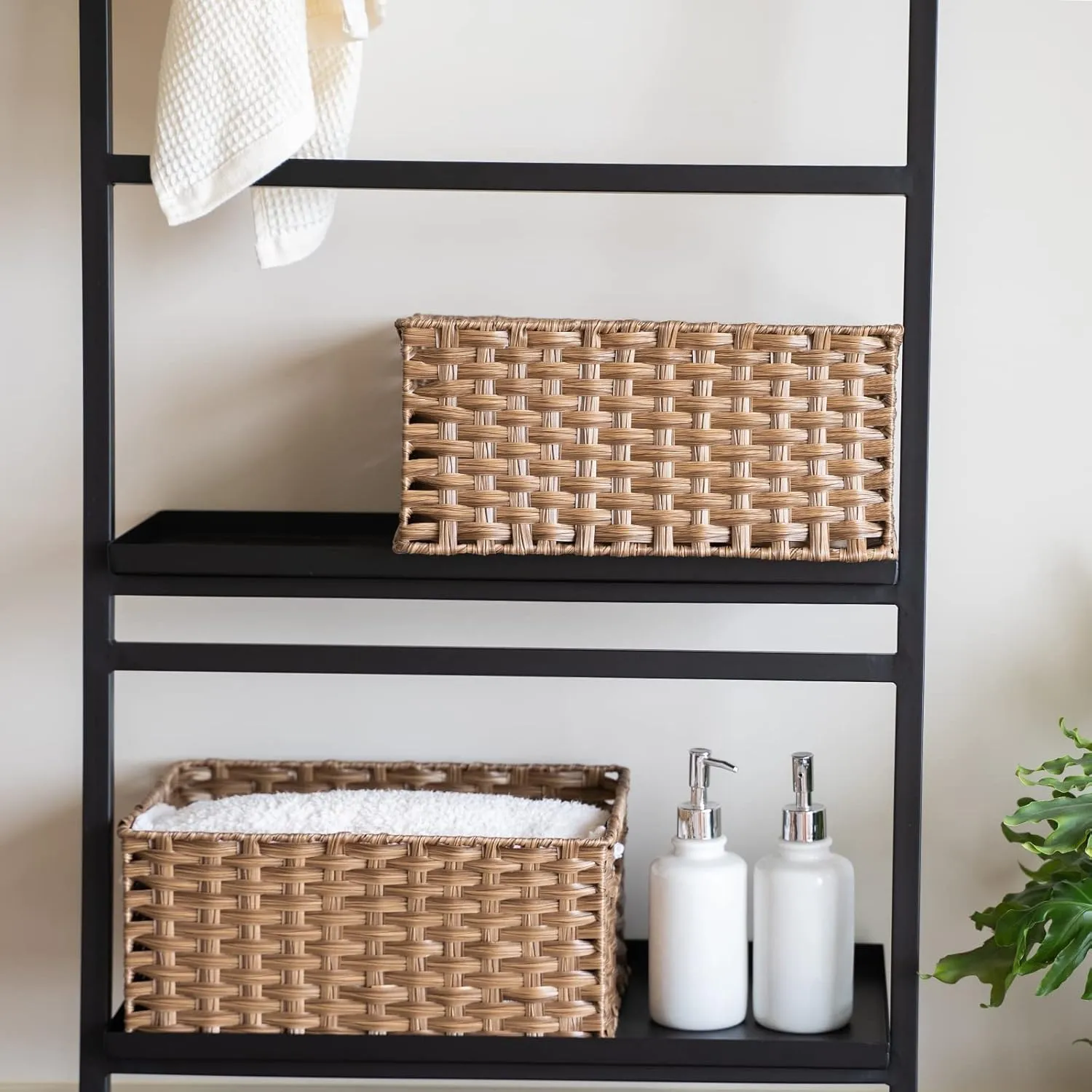 Wicker Baskets 2 Pack, Wicker Storage Basket with Handles, Large Wicker Baskets for Storage, Waterproof Wicker Baskets for Organizing, Large Storage Baskets Wicker 15" and Medium 14", Brown