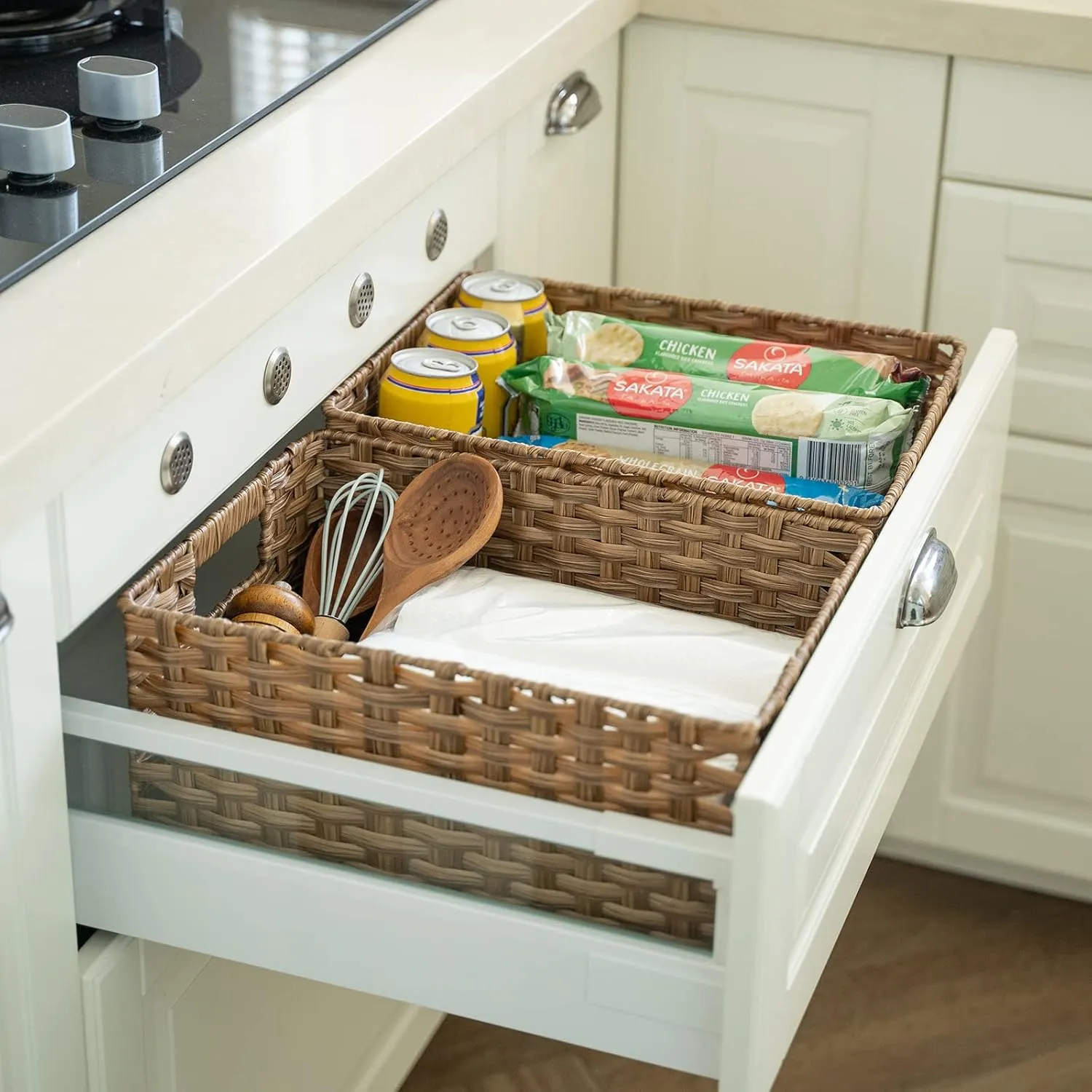 Wicker Baskets 2 Pack, Wicker Storage Basket with Handles, Large Wicker Baskets for Storage, Waterproof Wicker Baskets for Organizing, Large Storage Baskets Wicker 15" and Medium 14", Brown