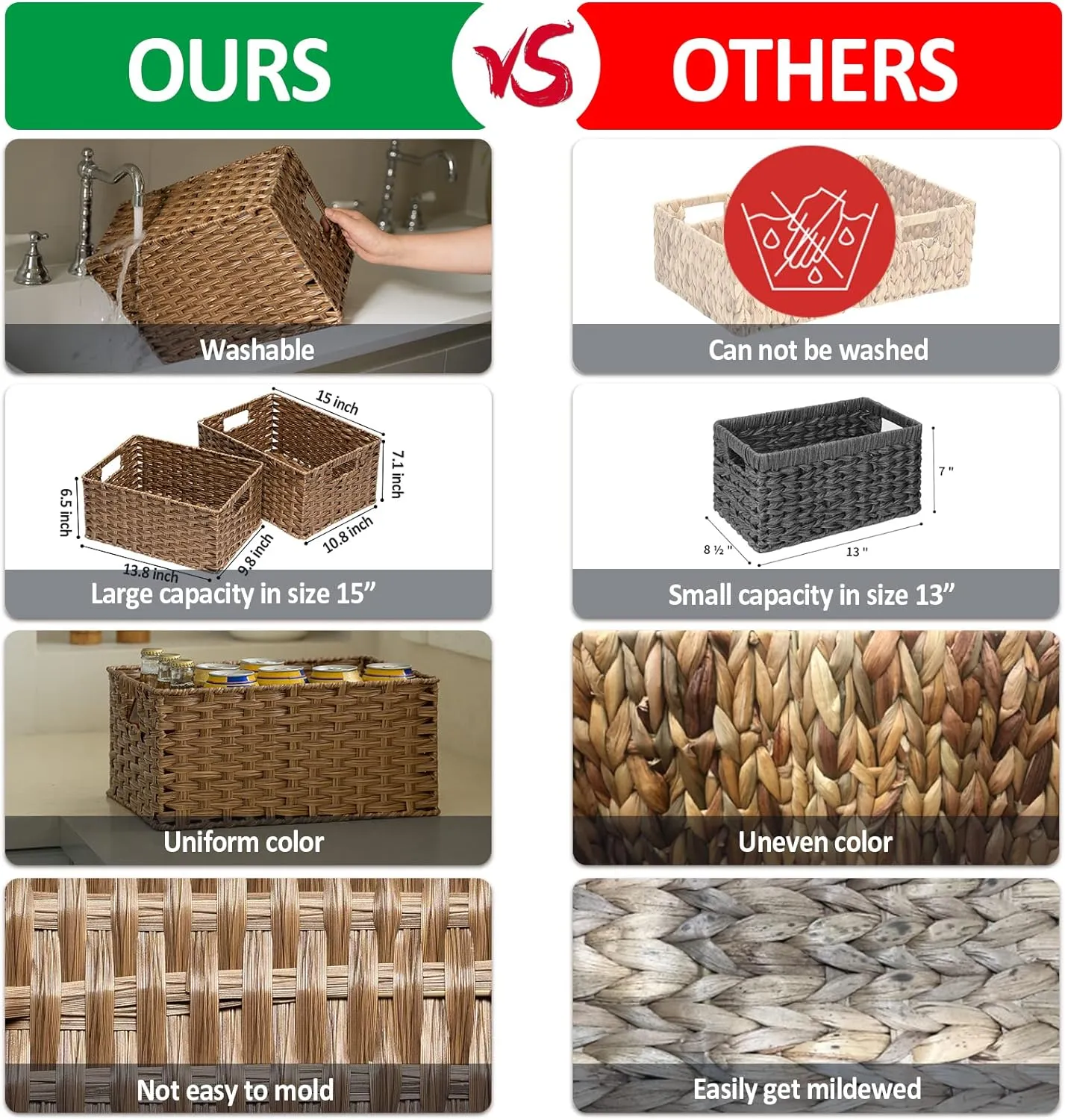 Wicker Baskets 2 Pack, Wicker Storage Basket with Handles, Large Wicker Baskets for Storage, Waterproof Wicker Baskets for Organizing, Large Storage Baskets Wicker 15" and Medium 14", Brown