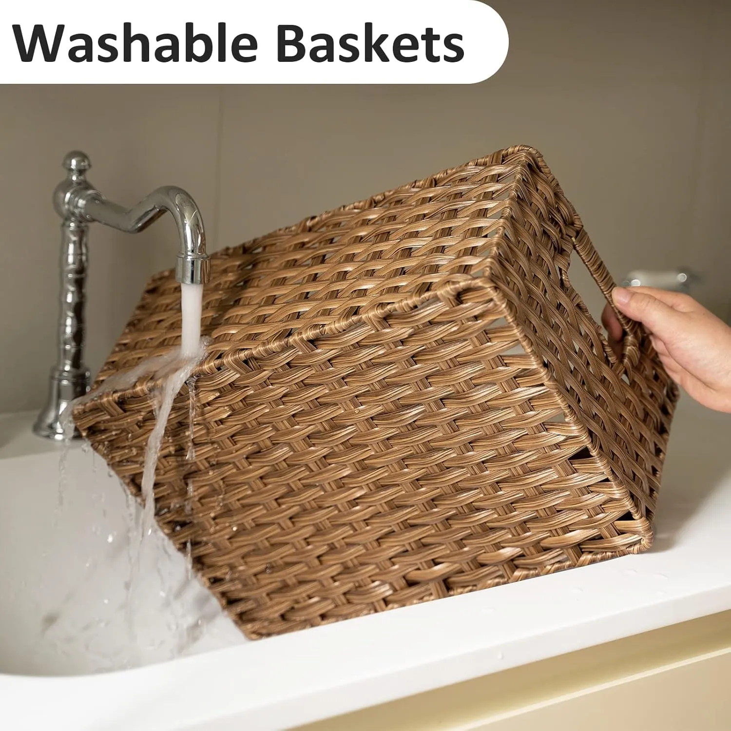 Wicker Baskets 2 Pack, Wicker Storage Basket with Handles, Large Wicker Baskets for Storage, Waterproof Wicker Baskets for Organizing, Large Storage Baskets Wicker 15" and Medium 14", Brown